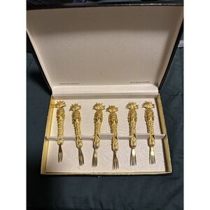 VINTAGE   24k Gold Plated Janis Pineapple Cocktail Appetizer forks original box